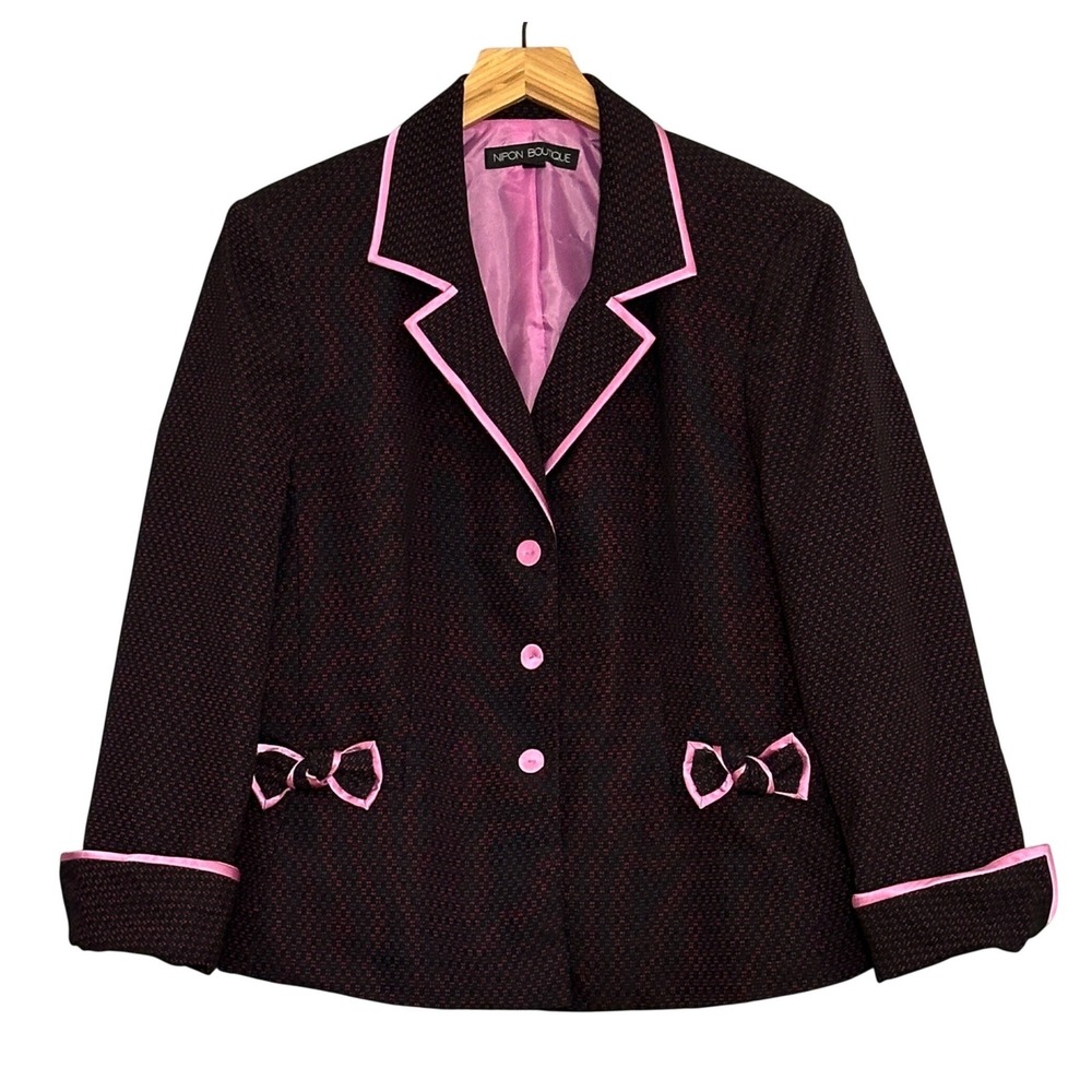 Nipon Boutique Womens Jacket 16 Black Pink Bow Trim Blazer Coquette Professional